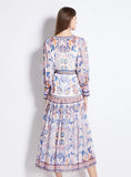 CHIFFON V-NECK LANTERN SLEEVE PRINTED DRESS