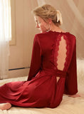 FASHION LONG SLEEVE BACKLESS SATIN NIGHTGOWN