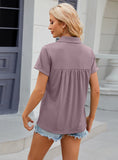 SOLID COLOR LAPEL PLEATED LOOSE SHORT SLEEVE T-SHIRT