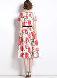 RETRO PRINTED ROUND NECK SLIM SHORT SLEEVE DRESS
