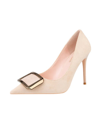 FINE-HEELED SUEDE METAL SQUARE BUCKLE SHOES