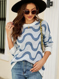 FASHION LOOSE ROUND NECK WAVY JACQUARD CONTRAST SWEATER