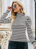 FASHION BUBBLE SLEEVE SLIM KNIT STRIPED TOP