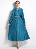 ROUND NECK LANTERN SLEEVE BEADED PLEATED DRESS