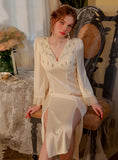 V-NECK SATIN LACE EMBROIDERED SPLIT NIGHTDRESS