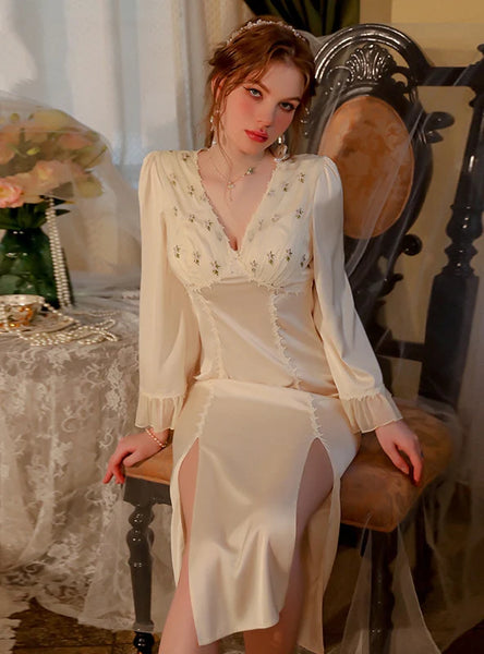 V-NECK SATIN LACE EMBROIDERED SPLIT NIGHTDRESS