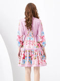 RETRO PAINTED LANTERN SLEEVE WAVY PRINTED DRESS
