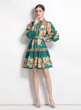 VINTAGE PRINTED LANTERN SLEEVE V-NECK DRESS
