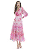 PRINTED CHIFFON SEASIDE SILM WAIST RUFFLED DRESS