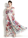 LONG SLEEVE RETRO V-NECK LANTERN SLEEVE PRINTED DRESS