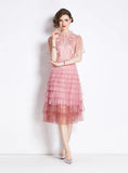 EMBROIDERED HIGH WAIST SLIM LACE DRESS