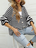 Striped Loose Single-breasted V-neck Sweater