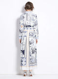 RETRO PRINTED LAPEL LONG SLEEVE DRESS