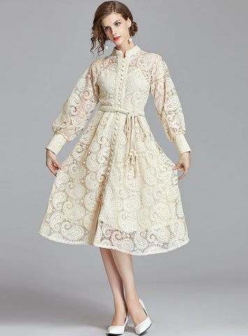 RETRO LANTERN SLEEVE LACE LONG DRESS