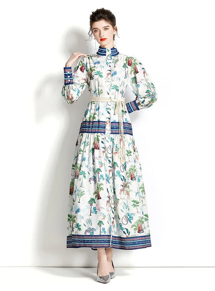 LONG SLEEVE LANTERN SLEEVE PRINTED DRESS