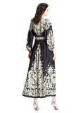 LONG SLEEVE V-NECK PRINTED LONG DRESS
