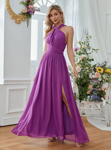 SEXY PURPLE HALTER CHIFFON DRESS