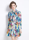 RETRO PRINTED SLIM LONG-SLEEVED DRESS