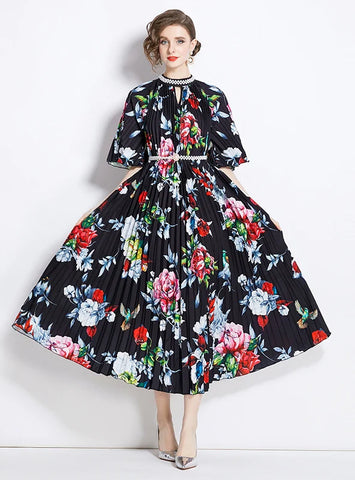 RETRO BEADED PRINTED PLEATED DRESS