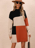 FASHION COLOUR MATCHING ROUND NECK LONG SWEATER
