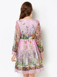 ROUND NECK LONG SLEEVE PURPLE PRINT DRESS