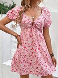 SEXY V-NECK BUBBLE SLEEVE FLORAL DRESS