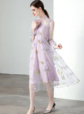 PURPLE GAUZE EMBROIDERY SLIM DRESS