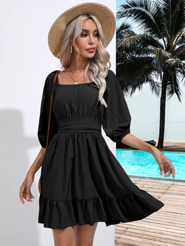 RUFFLED SQUARE COLLAR SHORT SLEEVE DRESS