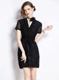 BLACK SEQUINED STITCHING SLIM DRESS
