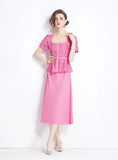 PINK LACE FAKE TWO-PIECE SHORT-SLEEVED DRESS