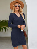 STYLISH SOLID COLOR V-NECK LONG SWEATER DRESS