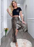 FASHION WAIST-EXPOSED SHORT-SLEEVED LEOPARD PRINT TROUSERS SUIT