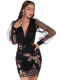 SEXY MESH LONG SLEEVE SEQUINED DRESS