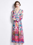 V-NECK PRINTED LONG-SLEEVED BIG SWING DRESS