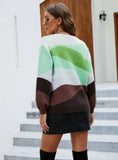 CLASSY SPLICING LEISURE ROUND NECK GREEN LONG-SLEEVED SWEATER