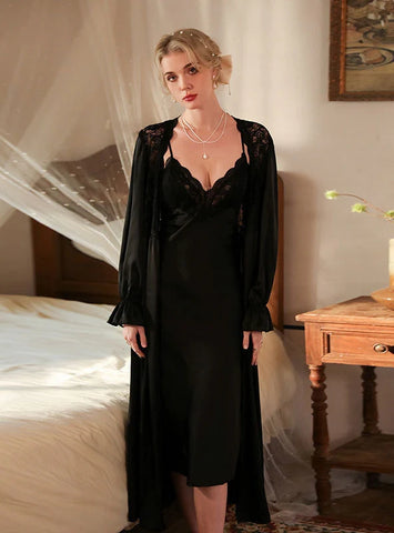 FASHION SATIN LACE LONG SLEEVE ROBE BATHROBE