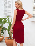 CASUAL V-NECK SLEEVELESS SIDE SLIT DRAWSTRING DRESS