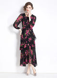 RETRO PRINTED CHIFFON SLIM RUFFLED DRESS