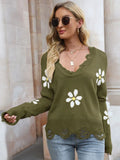 STYLISH HOLE LONG SLEEVE LOOSE SMALL FLOWER V-NECK SWEATER