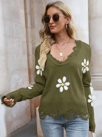 STYLISH HOLE LONG SLEEVE LOOSE SMALL FLOWER V-NECK SWEATER