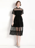 MESH STITCHING LONG LACE SHORT SLEEVE DRESS