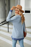 V-NECK CONTRAST SPLIT LOOSE LONG SLEEVE T-SHIRT