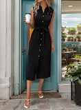 SLEEVELESS LAPELS BLACK BUTTONS DRESS