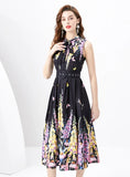 RIBBON SLEEVELESS RETRO PRINT DRESS