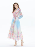 Lantern Sleeve Printed V-neck Chiffon Ruffled Dress