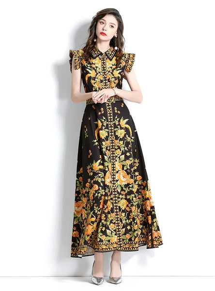 RETRO PALACE LOTUS LEAF SLEEVE PRINTED DRESS