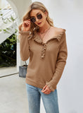FASHION PULLOVER BUTTON ROUND NECK WOOD EAR SWEATER