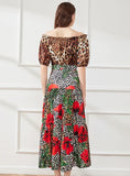 LEOPARD PRINT SHORT-SLEEVED SHIRT+FLOWER SKIRT SUIT