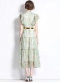 ROUND NECK LOTUS LEAF SHORT SLEEVE PRINTED DRESS