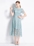 RETRO ROUND NECK LOTUS LEAF SLEEVE LACE DRESS